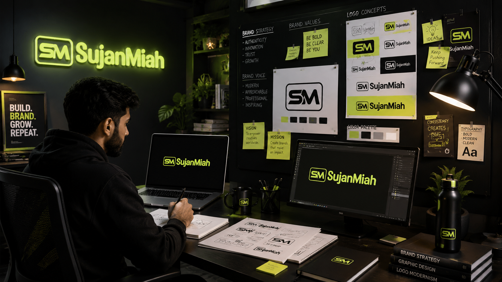 Modern branding workspace with logo sketches and laptop